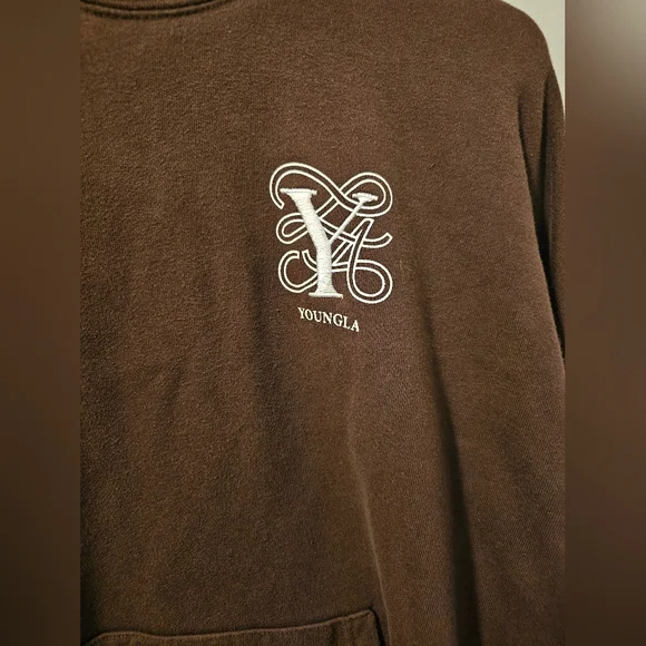 YOUNGLA Brown Embroidered Logo Bling Hoodie Pullover Men's Size M - Picture 2 of 9